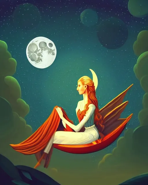 Image similar to beautiful painting of elven sitting on her flying bed and looking at the moon, petros afshar, illustration, highly detailed, simple, smooth and clean vector curves, no jagged lines, vector art, smooth, artstation