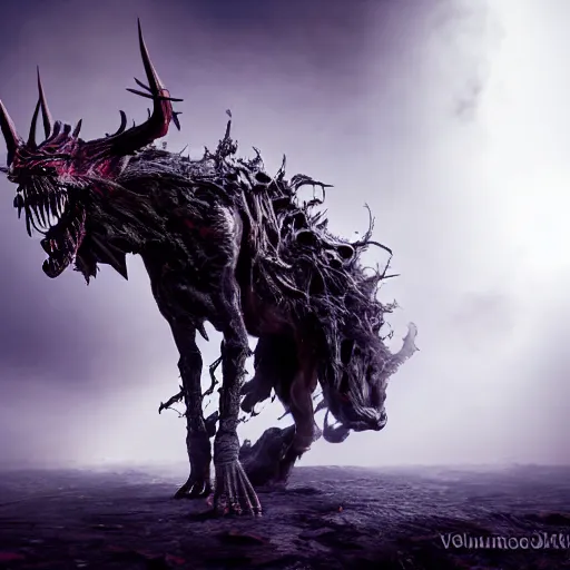 Image similar to I am anti-life. The Beast of Judgement. The dark at the end of everything. God like, Biblical, Apocalypse, End of Times, Superb, Invincible, Merciless, Mayhem, Chaos, Death Incarnate, fog, smoke, ashes, hellfire, rain of blood, Highly detailed 3d fractal, volumetric lighting, sharp focus, ultra-detailed, hyperrealistic, complex, intricate, 3-point perspective, hyper detailed, unreal engine 5, IMAX quality, cinematic, finely detailed, small details, extra detail, symmetrical, high resolution, rendered 3D model, octane render, arnold render, PBR, path tracing, 8k, 4k, HD, hi-res, award-winning, awe-inspiring, ground-breaking, masterpiece , artgem, Dark Fantasy