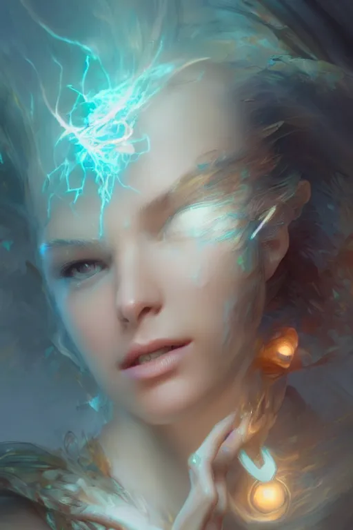 Prompt: face closeup beautiful girl fairy casting spell, 3 d render, holding electricity, hyper realistic detailed portrait, ruan jia, wlop, fantasy, hyper detailed, octane render, concept art, peter mohrbacher