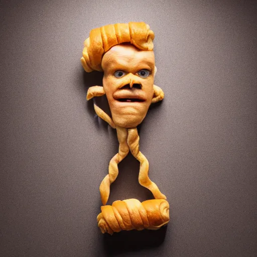 Image similar to Photorealistic man made out of Danish pastry, very angry, studio lighting.