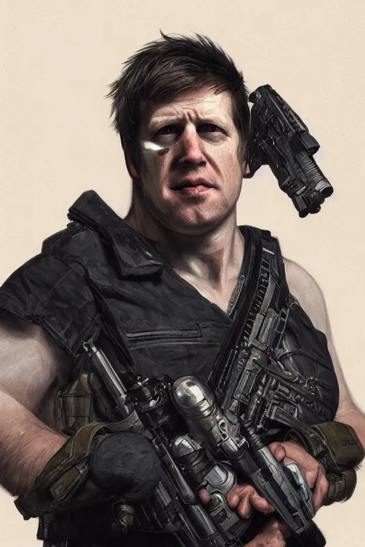 Prompt: a hyper realistic portrait of a Boris Johnson as Punisher, skull image on the vest, highly detailed, digital painting, artstation, concept art, smooth, sharp focus, illustration, cinematic lighting, art by artgerm and greg rutkowski and alphonse mucha