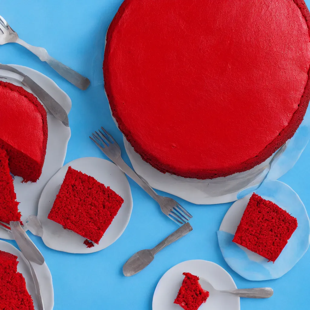 Image similar to top-down view of red cake on top of a blue surface, 8k, high detail, photorealistic, proper shading