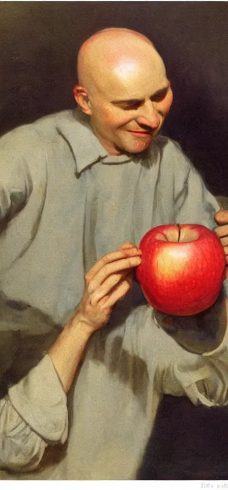 Image similar to painting of a bald man from the 1 9 3 0 looking at an apple with an amazed expression