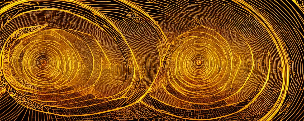Image similar to vivid illustration of a person choosing between tunnels with groups of people inside, within a highly intricate torus with detailed golden ornamentation and golden light, choosing between pathways