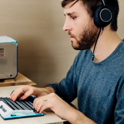 Prompt: guy wearing headphones making a beat on a toaster