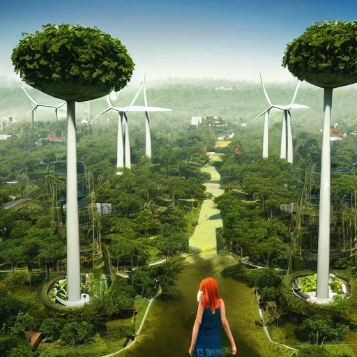 Prompt: A beautiful girl standing in a Ecofriendly utopian jungle city. Solar panels solarpunk with energy green trees jungle vines urban skyscraper. Eco domes with gardens inside. Giant wind energy windmills, flying spaceships. Spaceships in the sky delivering people to tall jungle buildings. Unreal engine photorealistic high defintion depth of field rendering 4k