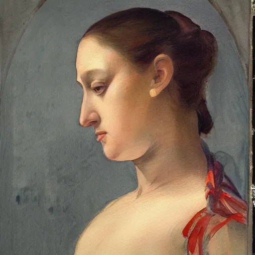 Prompt: colored portrait. a very unique watercolor painting profile, 3 / 4, medium shot. a straight and long nose, and huge prominent eyes. she is looking at the mirror and crying. old photograph. sharp image. academicism, highly detailed, color harmony, art station, ornate, caravaggio style. old photography