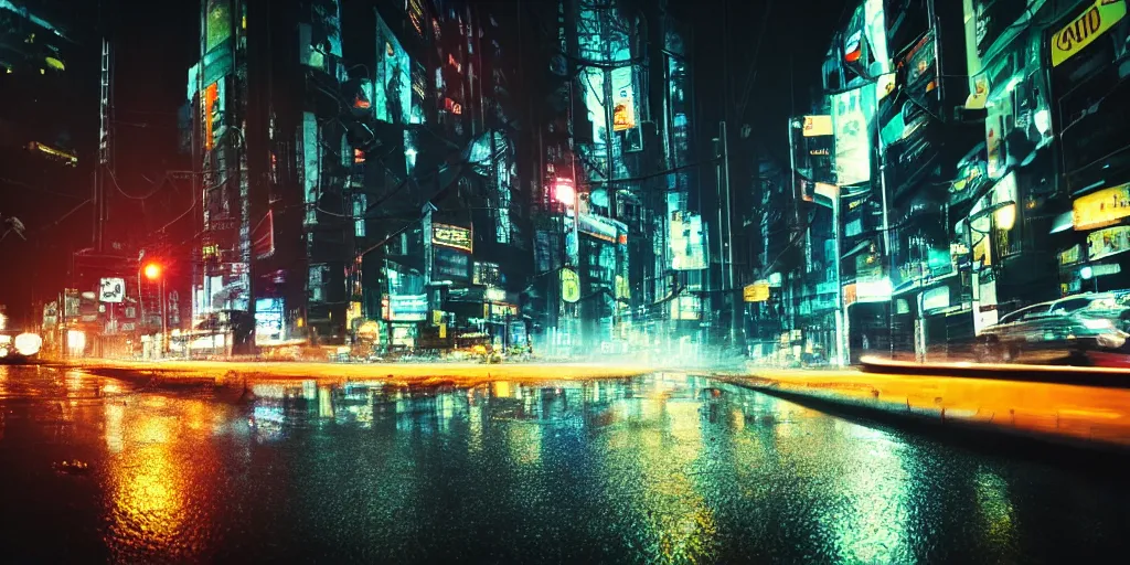 Prompt: a city street at night, raining, photograph, cars on the road, cyberpunk, sharp focus, intricate detail