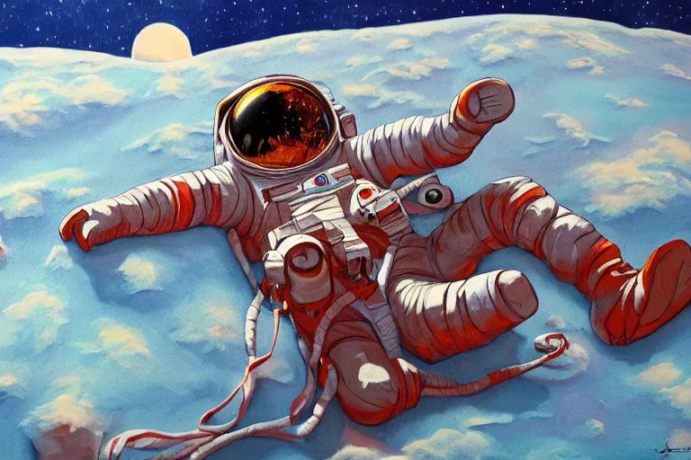 Prompt: an astronaut laying on mars in the style of flooko, acrylic art, detailed, moonlight, detailed hands and shoes,