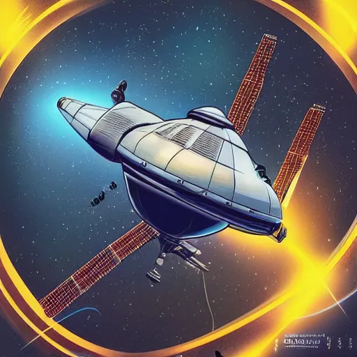 Prompt: “sci fi poster depicting a space station in orbit. With a unique starship flying by. In the style of a retro fantasy novel cover .”