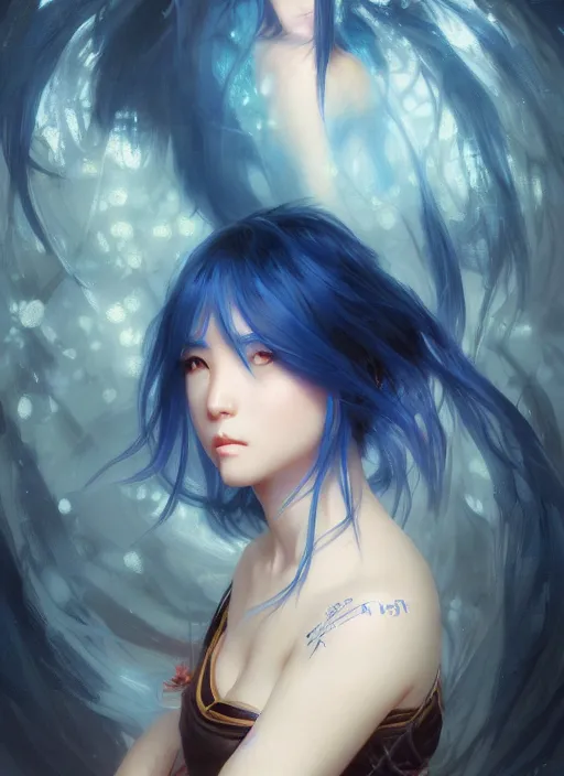 Image similar to stunningly beautiful female blue hair, dj sura face, fantasy art, dark light night, sharp focus, digital painting, 8 k, concept art, art by wlop, artgerm, greg rutkowski and alphonse mucha