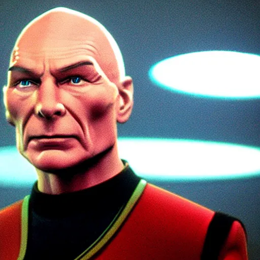 Image similar to captain picard with long hair on his head, hyperrealistic, dynamic lighting