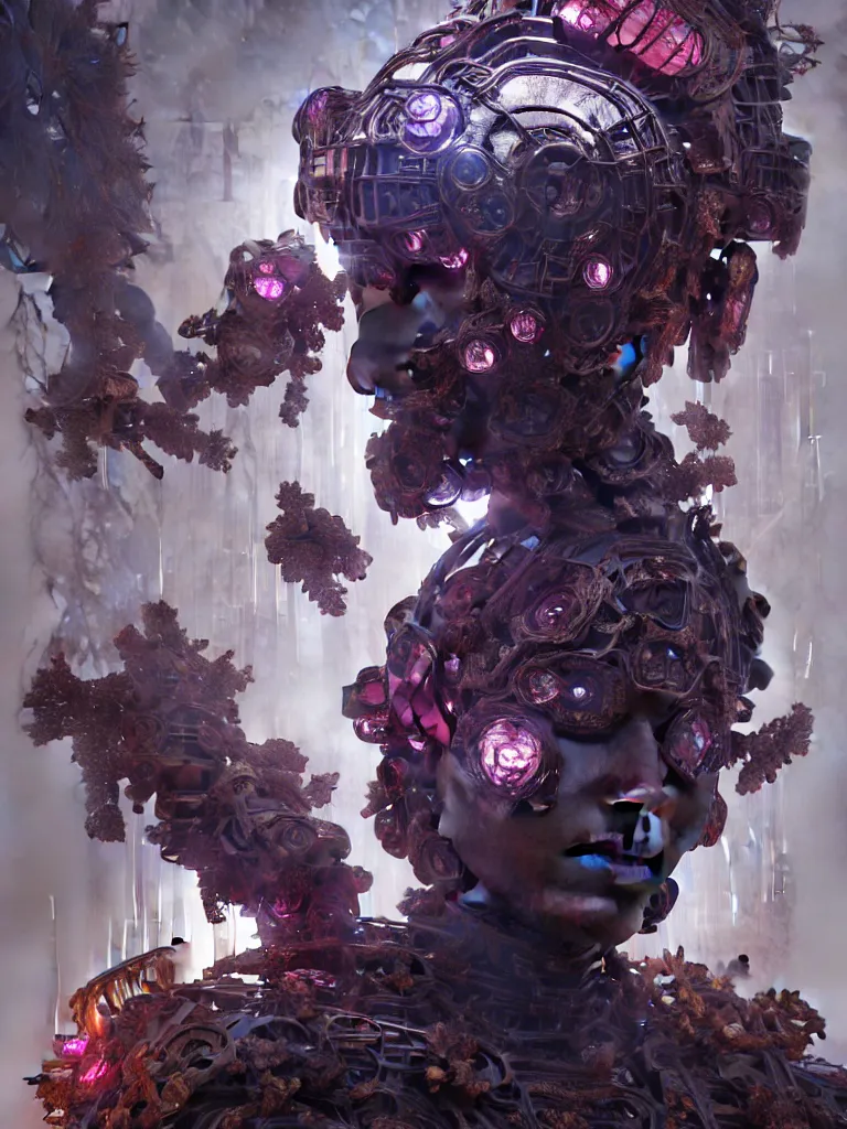 Image similar to asura from chinese myth, ghost, gorgeous and huge head ornaments, dystopian, cyberpunk, organic fractal mycelum and fungi, mecha, halfturn portrait of a big crystal face made of crystals half - turn, ominous, intricate, studio, art by anthony macbain + greg rutkowski + alphonse mucha, concept art, 4 k, sharp focus