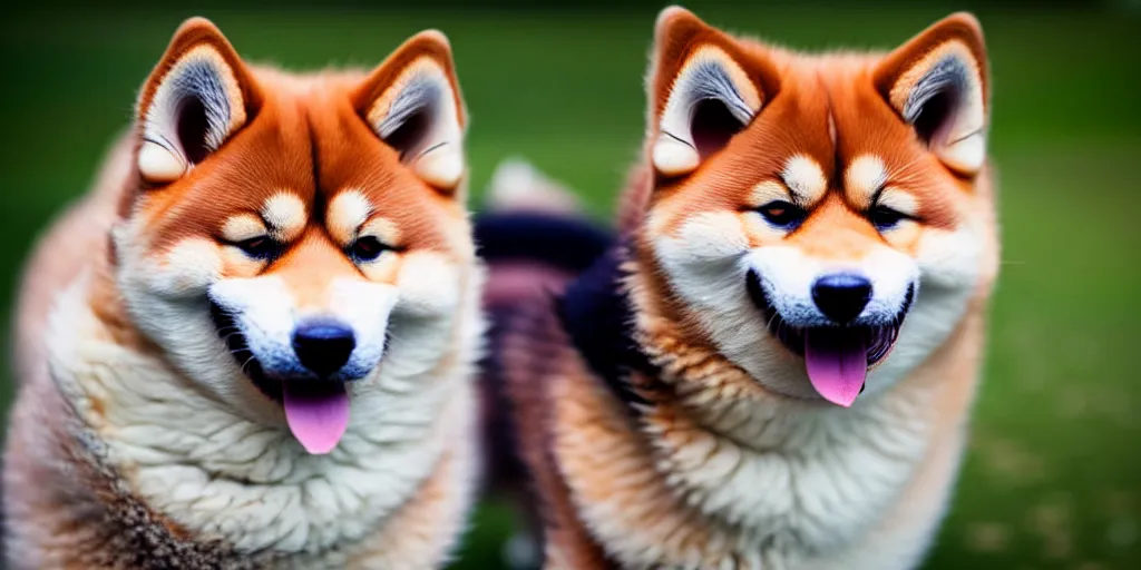 Image similar to Close up portrait of a big fluffy cat mixed with a shiba inu, award winning photograph, 50 mm lens and f/12.0, fast shutter speed of water floating in the air