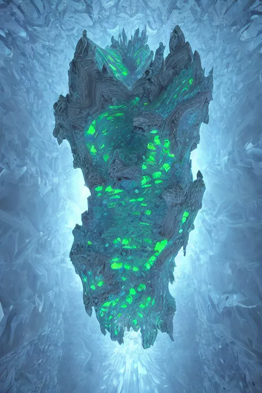 Image similar to a crystalline 3 d mandelbulb fractal in the shape of a monster, bioluminescent opal, fractal, magnificent lighting, ethereal, ray tracing, octane, holographic