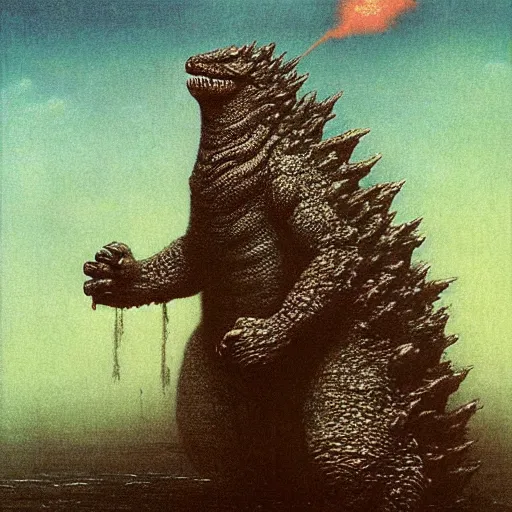 Image similar to godzilla by beksinski