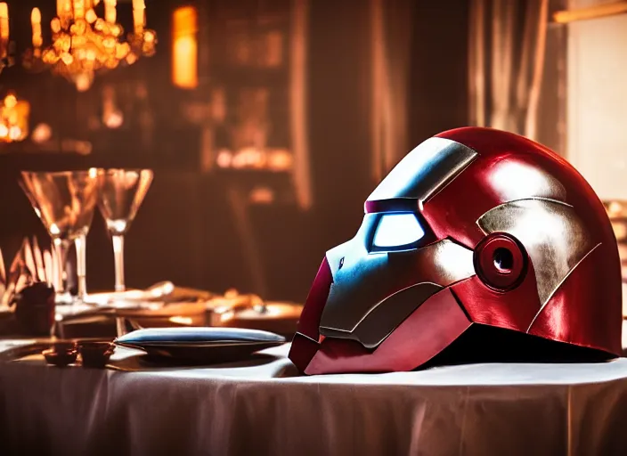 Image similar to a reflective steel engineering mask of ironman at a high end bar in a table, medieval themed castle in golden afternoon light, professional food photography