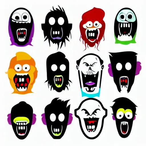 Prompt: monster colorful silhouette head face icon set line. eyes, tongue, tooth fang, hands up. cute cartoon kawaii scary funny baby character. white background. flat design. vector