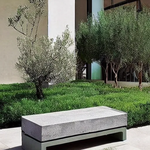 Image similar to creative concrete benches, colorful, olive trees