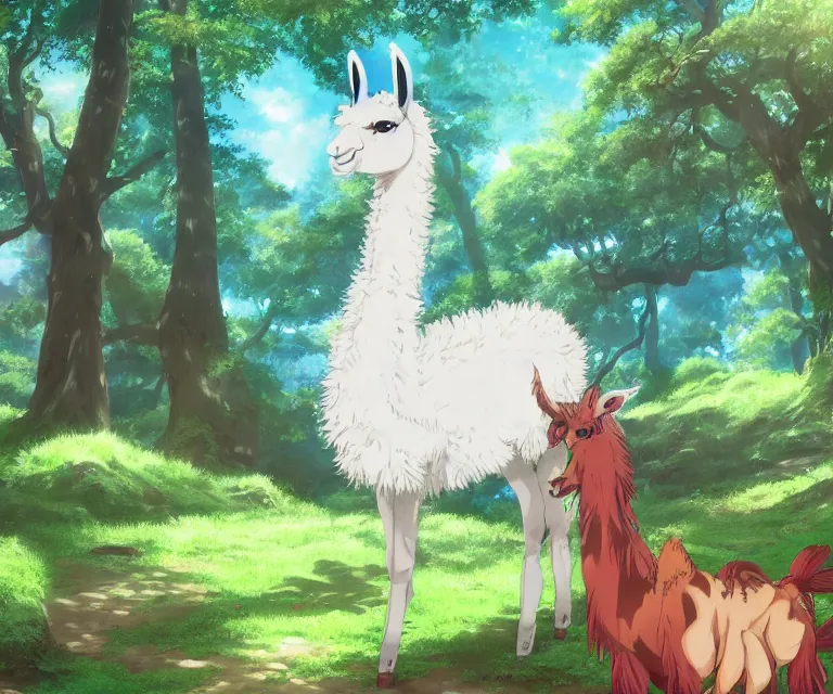 Image similar to llama in a forest, anime fantasy illustration by tomoyuki yamasaki, kyoto studio, madhouse, ufotable, comixwave films, trending on artstation