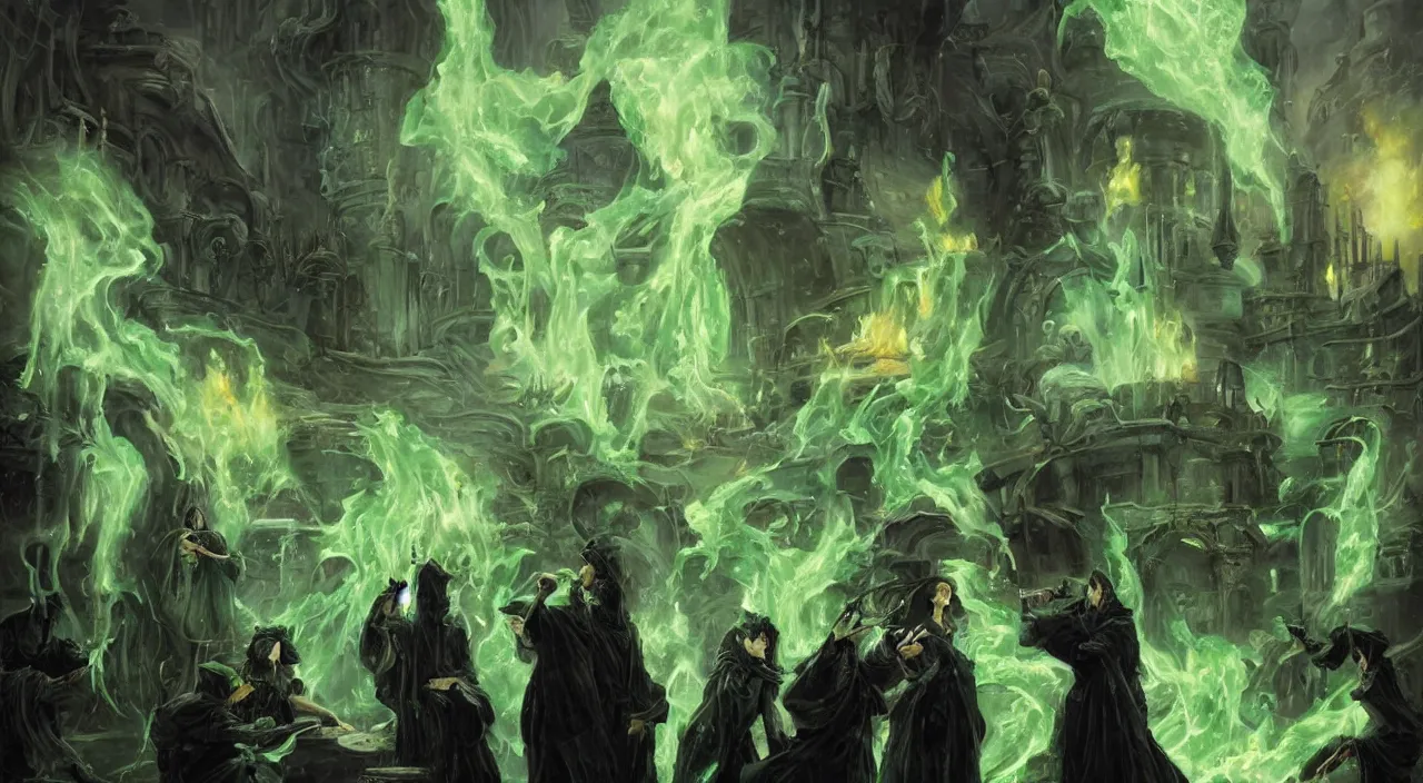 Image similar to A highly detailed oil painting by Greg Rutkowski of a group of sorcerers wearing black robes making a potion in a huge bubbling cauldron glowing bright green, with lots of fire coming from it, highly detailed fantasy concept artwork, very realistic, green and black color scheme, graffiti.