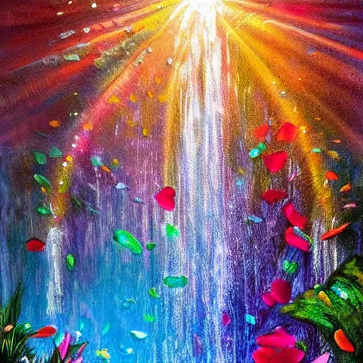 Prompt: waterfall with water full of broken mirror pieces and tiny colorful flower petals, bright saturated colors, scintillating lens flares and colorful sparks, trending on ArtStation, beautiful!!! stunning!!! waterfall, impressionistic oil on canvas