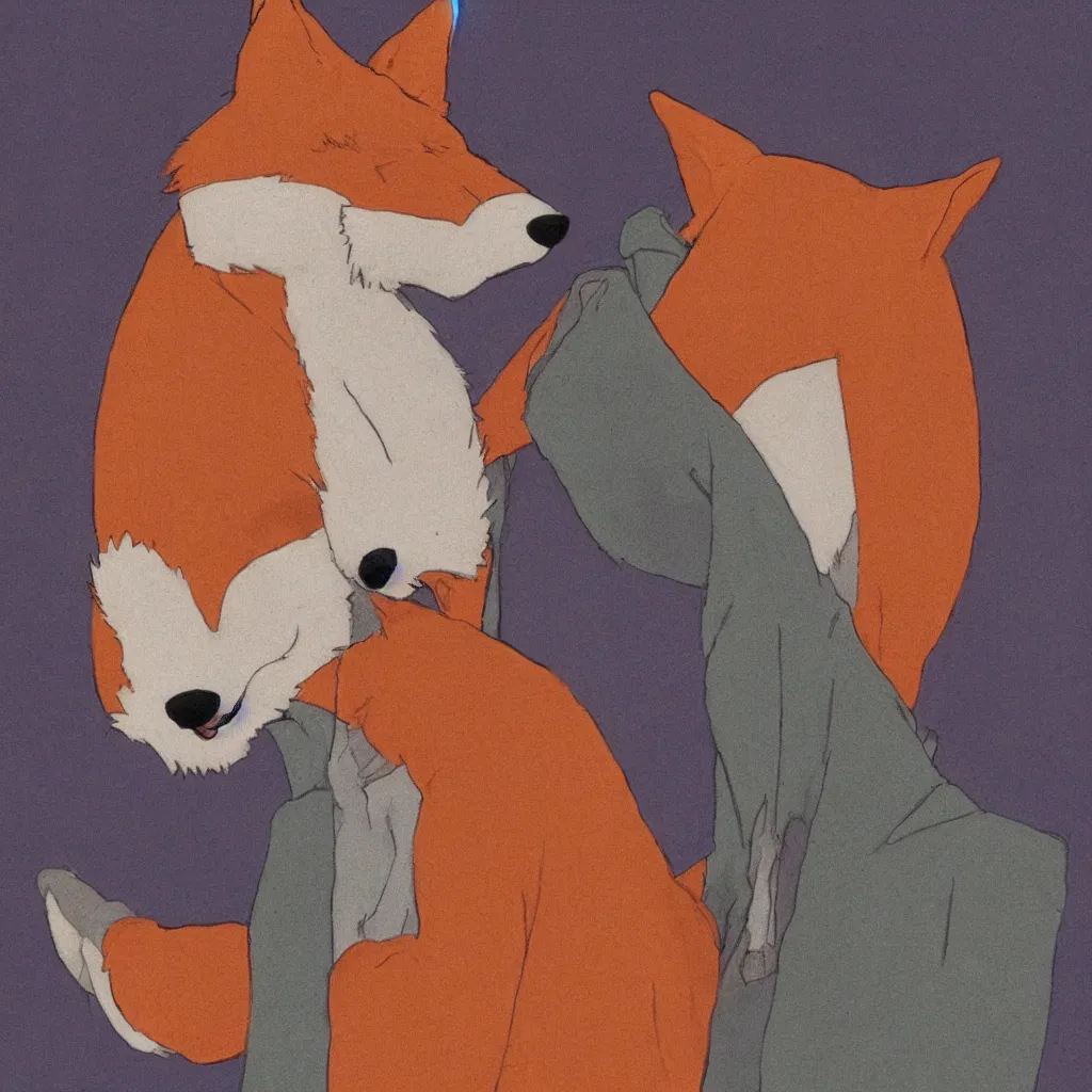 Prompt: a portrait of an anthropomorphic fox wearing a hoodie by studio ghibli