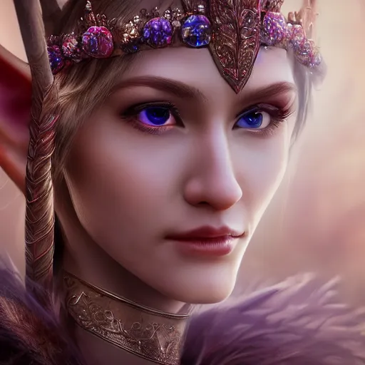 Prompt: beautiful elf queen, eye contact ,highly detailed, 4k, HDR, smooth, sharp focus, hyper realistic, high resolution, award-winning photo