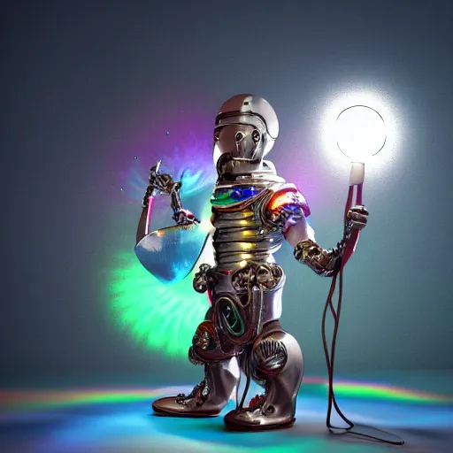 Image similar to 3 d render of light white rainbow medieval armour, waterfall, cybernetic mushroom people, tamborine, salt shaker, happy friend, fire, lamps, aurora, rave, isolate, wizard, ramen, wires, robot, money, corporate, business, pleading artstation hq, artstation hd, fantasy