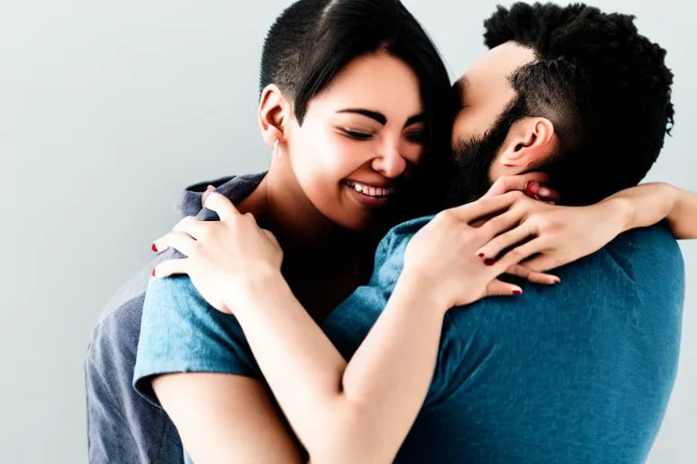 Image similar to a woman that is hugging a man