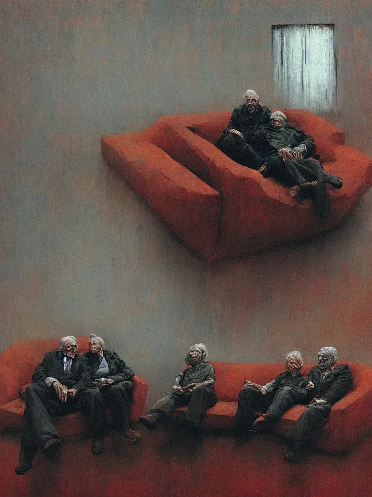 Prompt: photo of a very old couple sitting on a couch, part by Beksinski painting, part by Adrian Ghenie