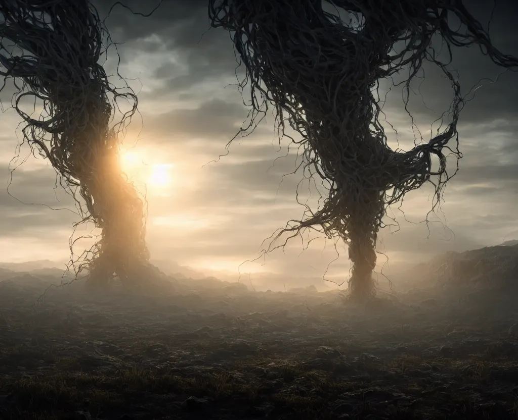 Image similar to the tendrils of a dormant god extending up into the sky, volumetric lighting, unreal engine 5, harrowing apocalyptic atmosphere, photorealistic, unnerving, hyperdetailed 3d matte painting, hyperrealism, hyperrealistic, cinematic masterpiece, fantasy horror style 8k ultrahd octane render