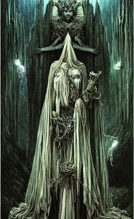 Image similar to a tarot card of a goddess in white robe, cinematic lighting, highly detailed, symmetric, concept art, masterpiece, fantasy art, hyperdetailed, hyperrealism, saturated colors, art by zdzistaw beksinski, arthur rackham, dariusz zawadzki, larry elmore