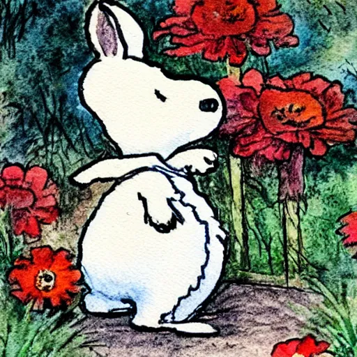 Prompt: Beatrix Potter watercolor illustration of Snoopy in a garden