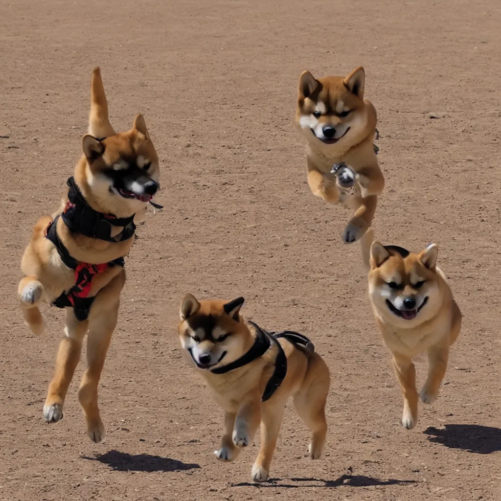 Prompt: A Shiba inu with bionic legs running in the desert