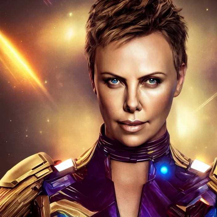 Prompt: portrait of ((Charlize Theron)), wearing The Infinity GAUNTLET. infinity gauntlet. intricate artwork. octane render, trending on artstation, very coherent symmetrical artwork. avengers. thanos. infinity war. cinematic, hyper realism, high detail, octane render, 8k, iridescent accents