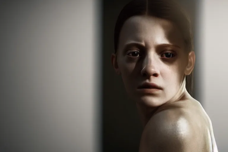 Prompt: an ultra realistic, cinematic, close up portrait, of a young woman, looking in mirror at older self, fire, dramatic, soft light, dreamy, facial features, stood in a cell, with prison clothing, detailed, deep focus, movie still, dramatic lighting, ray tracing, by michal karcz and yoshitaka