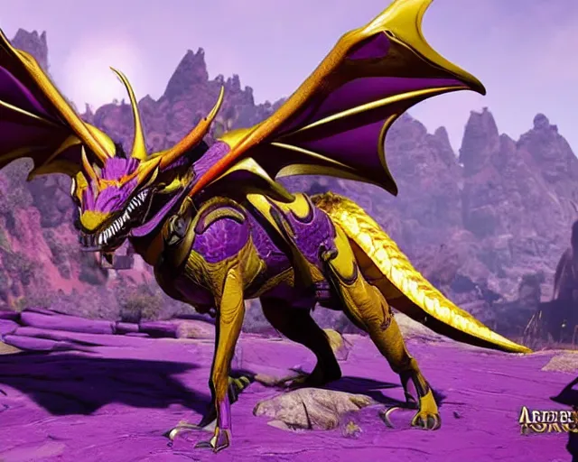 Prompt: purple and gold dragon in apex legends