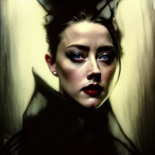 Image similar to hyperrealistic portrait of amber heard as a vampire witch in a black coat as a reflection in water in stone. by jeremy mann and alphonse mucha, fantasy art, photo realistic, dynamic lighting, artstation, poster, volumetric lighting, very detailed faces, 4 k, award winning