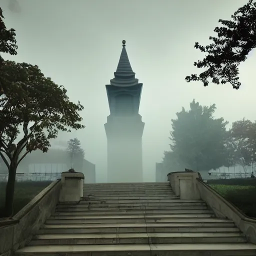 Image similar to Temple of knowledge, foggy entrance, mysterious architecture, clouds at entrance