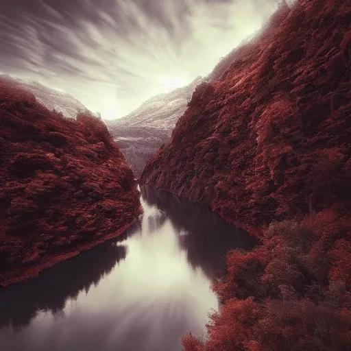 Image similar to photo of a beautiful river landscape by michal karcz., taken by a disposable camera