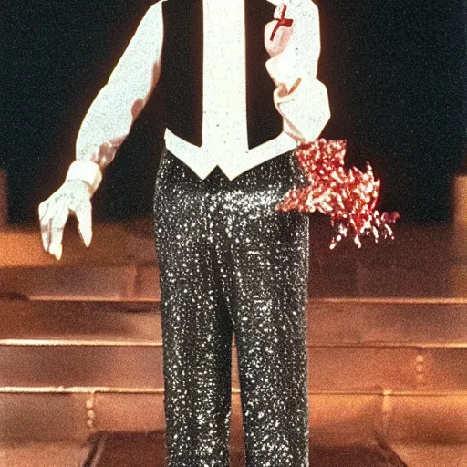 Image similar to Oscar the Grouch in a sparkly white tuxedo in an episode of the tv show American Horror Story (1998), vintage VHS video