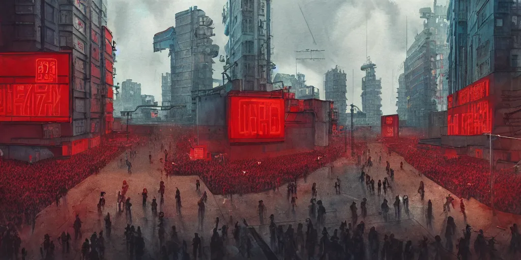 Image similar to landscape of a communist cyberpunk soviet city with neon hammer and sickle signs, crowds of people, brutalist architecture, watercolor, ultra realistic, highly detailed, hd, sharp focus, cinematic lighting, mood lighting, realistic, photorealistic, vivid colors, painting, photograph, digital art, non blurry, sharp, artstation, concept art, smooth, illustration