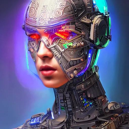 Prompt: a swat cyborg made of intricate complex circuitry and microchips, iridescent, colorful, intricate linework, realistic oil painting, rutkowski, wlop, chebokha, artgerm