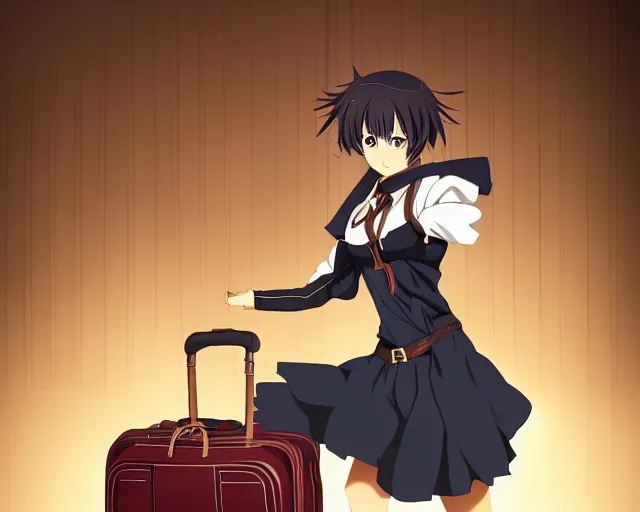 Prompt: key anime visual portrait of a young female with luggage in a tavern interior, dynamic pose, dynamic perspective, cinematic, dramatic lighting, muted colors, fine detail, textured, finely detailed eyes, anime proportions