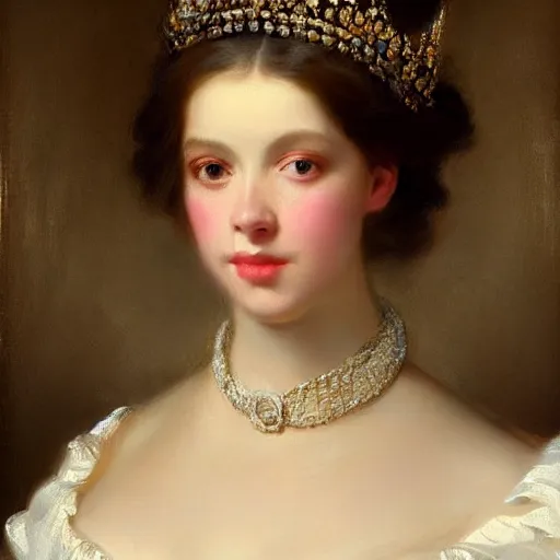 Image similar to an beautiful portrait render of a Queen by Franz Xaver Winterhalter, vivid, trending on artstation, Pinterest, beautiful face, highly detailed, fancy, Romanticism, Rococo