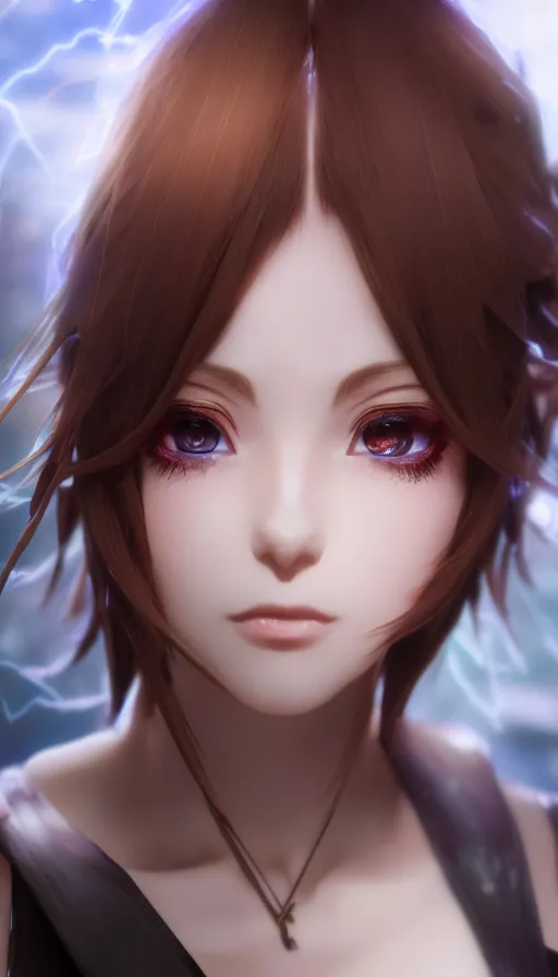 Image similar to render as a very beautiful 3d anime woman with short brown hair, blue eyes, heavy makeup, short smile, cinematic lightning, highly detailed, trending on Artstation, Unreal Engine 4k, cinematic wallpaper