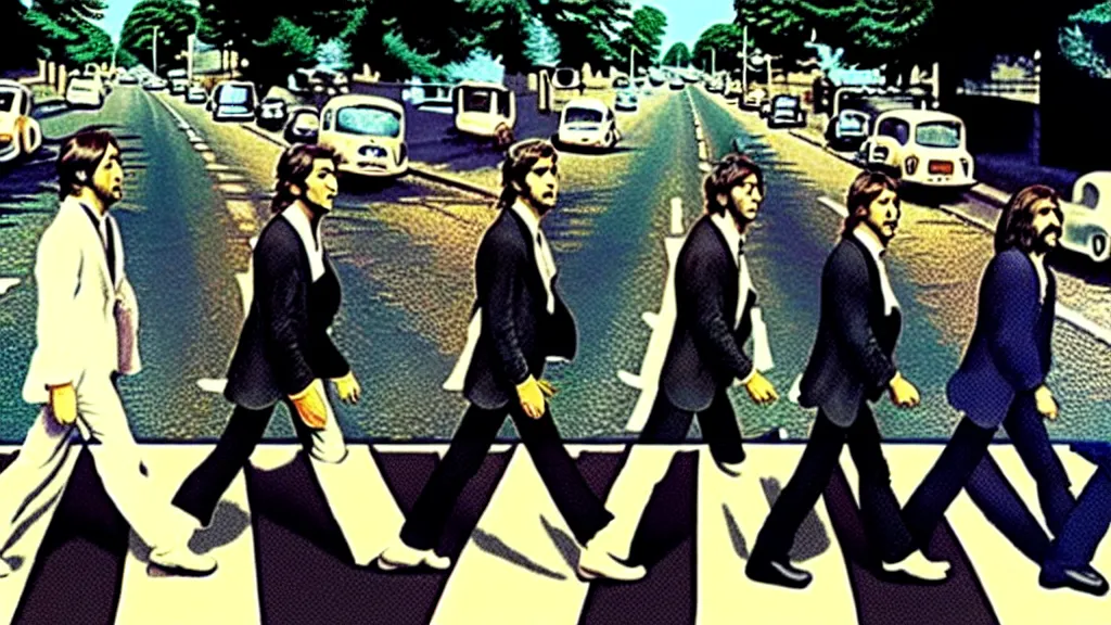 Image similar to The Beatles made out of Honey!! on abbey road, film still from the movie directed by Denis Villeneuve