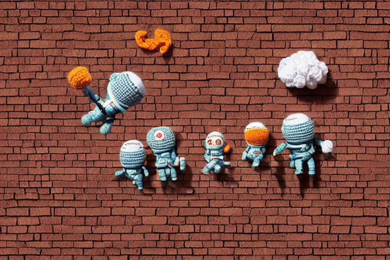 Image similar to an expedition of crochet cute astronauts climbing a brick wall. cute, illustration, digital art, inspired by little big planet, by greg rutkowski, detailed, sharp, masterpiece, highly detailed, photorealistic, octane render, 8 k, unreal engine 5, trending on artstation, vivid colors