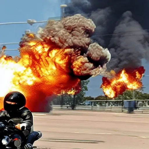 Image similar to mike tyson riding a motorcycle, explosion in background